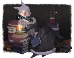 Rule 34 | 1girl, animal ears, artist name, black choker, black dress, black footwear, black gloves, book, book stack, boots, border, box, brooch, byuub, candle, cat ears, choker, claw ring, closed eyes, commentary request, cross-laced footwear, crossed arms, crossed legs, dated, dress, facial mark, fading border, feather hair ornament, feathers, final fantasy, final fantasy xiv, from side, full body, fur-trimmed dress, fur trim, gift, gift box, gloves, hair ornament, hands on own stomach, jewelry, knees up, korean commentary, long sleeves, open mouth, reclining, short hair, signature, single glove, sleeping, solo, sparkle, thigh boots, white hair, y&#039;shtola rhul