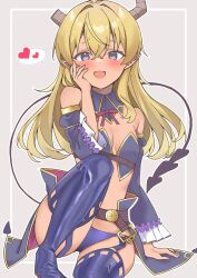 Rule 34 | 1girl, :3, :d, arm at side, bare shoulders, blonde hair, blue thighhighs, blush, breasts, cleavage, commentary, crossed bangs, dark-skinned female, dark skin, demon girl, demon horns, demon tail, detached collar, detached sleeves, fang, frilled sleeves, frills, garter straps, gradient background, hair between eyes, hand up, heart, highres, horns, knee up, lilith (machikado mazoku), long hair, long sleeves, looking at viewer, lovestruck, machikado mazoku, nokia hiyou, open mouth, purple eyes, simple background, sitting, small breasts, smile, solo, spoken heart, tail, thighhighs, tsurime, wide sleeves