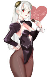 Rule 34 | 1girl, black vest, bow, bowtie, brown pantyhose, candy, capcom fighting jam, chocolate, chocolate heart, detached collar, detached sleeves, food, frilled vest, frills, hairpods, heart, highres, ingrid (capcom), lace-up top, leotard, open mouth, pantyhose, platinum blonde hair, red eyes, solo, tetsu (kimuchi), valentine, vest