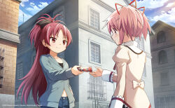 2girls blue_sky building cloud company_name copyright_name cowboy_shot day food giving_food grey_jacket hair_ribbon high_ponytail highres holding holding_food jacket juliet_sleeves kaname_madoka long_sleeves mahou_shoujo_madoka_magica mahou_shoujo_madoka_magica_magia_exedra mitakihara_school_uniform multiple_girls official_art outdoors pink_eyes pink_hair ponytail puffy_sleeves red_eyes red_hair ribbon sakura_kyoko school_uniform short_hair short_twintails sky smile standing twintails window