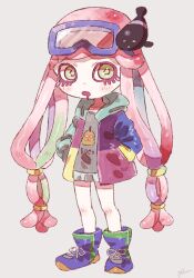 Rule 34 | 1girl, artist name, blue hair, blue skirt, clownfish, commentary request, drooling, eyelashes, fish, full body, green eyes, green hair, grey background, grey shirt, hands in pockets, harmony&#039;s clownfish (splatoon), harmony (splatoon), highres, hood, hood down, hooded jacket, jacket, long hair, long sleeves, miniskirt, multi-tied hair, multicolored clothes, multicolored footwear, multicolored hair, multicolored jacket, nintendo, open clothes, open jacket, open mouth, pink hair, pleated skirt, plum0o0, purple hair, shirt, shoelaces, signature, simple background, skirt, splatoon (series), standing, tentacle hair, very long hair