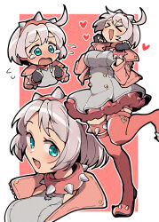 &gt;_&lt; 1girl :d ahoge black_gloves blue_eyes blush boots border bracelet breasts closed_eyes collar cropped_shoulders cropped_torso dress elphelt_valentine fingerless_gloves flying_sweatdrops foot_up full_body gloves grey_dress grey_hair guilty_gear guilty_gear_strive hairband hands_up heart highres itsuka_neru jacket jewelry looking_at_viewer multiple_views nose_blush open_mouth outside_border pink_background pink_bracelet pink_collar pink_footwear pink_hairband pink_jacket short_hair sideways_glance simple_background sleeveless sleeveless_dress smile spiked_boots spiked_bracelet spiked_collar spiked_hairband spiked_thighlet spikes tearing_up thigh_boots two-tone_dress white_border xd