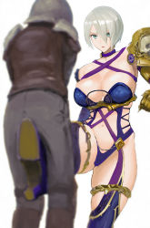 Rule 34 | 1boy, 1girl, ball busting, bdsm, blue eyes, breasts, cbt, cleavage, crotch kick, femdom, grey hair, highres, isabella valentine, large breasts, looking at another, navel, reverse ryona, seset, short hair, simple background, soul calibur, white background, white eyes