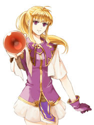 Rule 34 | 1girl, antenna hair, asymmetrical gloves, blonde hair, breasts, capelet, clarine, closed mouth, cowboy shot, delsaber, dress shirt, fire emblem, fire emblem: the binding blade, floating hair, gloves, long hair, looking at viewer, miniskirt, nintendo, pleated skirt, ponytail, purple eyes, purple gloves, purple shirt, shirt, simple background, single glove, skirt, small breasts, smile, solo, standing, uneven gloves, white background, white capelet, white skirt