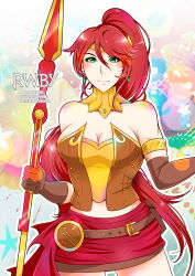 Rule 34 | 1girl, absurdres, bare shoulders, belt, breasts, character name, cleavage, copyright name, female focus, gloves, green eyes, highres, kirej, large breasts, long hair, midriff, polearm, ponytail, pyrrha nikos, red hair, rwby, solo, spear, very long hair, weapon