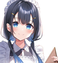 Rule 34 | 1girl, black hair, blue eyes, blush, character request, closed mouth, copyright request, hair ornament, hairclip, highres, kisaragi yuri, long hair, looking at viewer, low twintails, maid, maid headdress, official art, smile, solo, twintails, white background