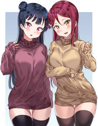 Rule 34 | 2girls, arm at side, black legwear, blue background, blue hair, blunt bangs, blush, braid, breast hold, breasts, brown legwear, brown sweater, casual, commentary request, cowboy shot, dress, gradient background, hair bun, hair ornament, hairclip, half updo, highres, long hair, looking at viewer, love live!, love live! sunshine!!, medium breasts, multiple girls, open mouth, outside border, purple eyes, purple sweater, red hair, sakurauchi riko, shiny clothes, side braid, side bun, single hair bun, single side bun, sleeves past wrists, sweater, sweater dress, tem10, thighhighs, thighs, tsushima yoshiko, turtleneck, turtleneck sweater, yellow eyes