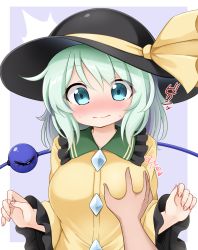 Rule 34 | 1girl, ^^^, black headwear, blouse, blue background, blue eyes, blush, breasts, breasts squeezed together, frilled shirt collar, frills, green hair, groping, hat, hat ribbon, highres, komeiji koishi, large breasts, looking down, male hand, medium hair, nose blush, ribbon, shirt, simple background, solo focus, suwa yasai, third eye, touhou, upper body, wide sleeves, yellow ribbon, yellow shirt