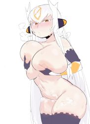 Rule 34 | 00s, 1girl, bare shoulders, blush, bombergirl, grabbing another&#039;s breast, breast hold, breasts, breasts squeezed together, colored eyelashes, earmuffs, grabbing, grabbing own breast, gs16 (chug), hair ornament, heavy breathing, huge breasts, jourjii, large areolae, large breasts, large nipples, long glove, long hair, looking at viewer, nipples, open mouth, orange eyes, silva (bombergirl), skindentation, solo, sweat, thick thighs, thighhighs, thighs, very long hair, white background, white hair