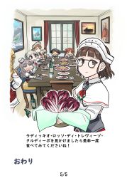 Rule 34 | 6+girls, basket, black hair, blonde hair, bottle, brown hair, capelet, chair, closed eyes, conte di cavour (kancolle), cup, curtains, drinking glass, eating, eyewear strap, food, glasses, grecale (kancolle), grey hair, hair ribbon, hands on own hips, headdress, highres, holding, indoors, kantai collection, libeccio (kancolle), littorio (kancolle), long hair, maestrale (kancolle), multiple girls, open mouth, painting (object), pince-nez, plate, pola (kancolle), ribbon, roma (kancolle), scirocco (kancolle), seiran (mousouchiku), short hair, sitting, smile, table, translation request, twintails, vegetable, window, wine glass, zara (kancolle)