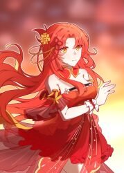 Rule 34 | 1girl, bare shoulders, blurry, blurry background, breasts, closed mouth, detached sleeves, dress, flower, hair ornament, highres, honkai (series), honkai impact 3rd, lan yi long yu, large breasts, long hair, looking at viewer, murata himeko, red dress, red flower, red hair, red rose, rose, smile, solo, very long hair, yellow eyes