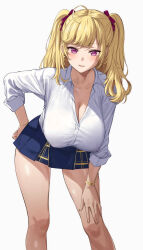 Rule 34 | 1girl, ahoge, blonde hair, blue skirt, blush, bracelet, breasts, cleavage, collared shirt, commentary, covered erect nipples, dress shirt, earrings, eyelashes, feet out of frame, fuooooo, hair ribbon, hand on own hip, hand on own knee, highres, jewelry, large breasts, layered skirt, leaning forward, long hair, looking at viewer, miniskirt, nijisanji, official alternate costume, parted lips, plaid, plaid skirt, purple eyes, red ribbon, ribbon, shirt, simple background, skirt, smile, solo, standing, swept bangs, takamiya rion, takamiya rion (7th costume), two side up, virtual youtuber, white background, white shirt, wing collar