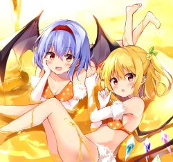 Rule 34 | 2girls, :d, :o, bad id, bad twitter id, bare legs, barefoot, bat wings, bikini, blonde hair, blue hair, blush, breasts, commentary request, crystal, feet out of frame, feet up, flandre scarlet, fur-trimmed gloves, fur trim, gloves, hair between eyes, hairband, hand up, head rest, highres, hyurasan, looking at viewer, lying, medium breasts, multiple girls, no headwear, on stomach, one side up, open mouth, orange bikini, polka dot, polka dot bikini, red eyes, red hairband, remilia scarlet, short hair, siblings, sidelocks, sisters, smile, swimsuit, thighs, touhou, white gloves, wings