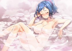 Rule 34 | 10s, 1girl, bad id, bad pixiv id, blue hair, blush, breasts, closed eyes, gundam, gundam build fighters, iori rinko, large breasts, crossed legs, matsuryuu, mature female, navel, nude, onsen, partially submerged, ponytail, scrunchie, sitting, smile, solo, water, wet