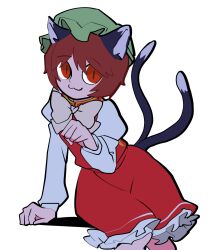 Rule 34 | 1girl, :3, animal ears, arm support, bow, bowtie, brown eyes, brown hair, cat ears, cat tail, chen, feet out of frame, flat chest, forked tail, hand up, hat, highres, iganashi1, juliet sleeves, knees together feet apart, leaning to the side, long sleeves, looking at viewer, mob cap, multiple tails, nekomata, paw pose, puffy sleeves, red skirt, red vest, shadow, simple background, sitting, skirt, slit pupils, solo, tail, touhou, two tails, vest, white background, white bow, white bowtie