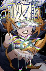 Rule 34 | 1girl, black background, black sailor collar, black shorts, blonde hair, blue eyes, bow, commentary request, cowboy shot, detached sleeves, glaring, grimace, hair bow, hair ornament, hairclip, hand up, headphones, highres, kagamine rin, kotoko0, looking at viewer, neckerchief, omae no sainou ga hoshii (vocaloid), one eye covered, sailor collar, scribble, shirt, shorts, sleeveless, sleeveless shirt, solo, straight-on, sweat, nervous sweating, swept bangs, translation request, vocaloid, white bow, white shirt, wide-eyed, yellow nails, yellow neckerchief