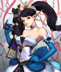 Rule 34 | 1girl, agnes (chaos online), breasts, card (medium), chaos online, choker, elbow gloves, gloves, gun, long hair, love cacao, official art, pointy ears, ponytail, purple hair, red eyes, solo, weapon