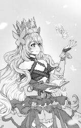 1girl bare_shoulders book bow breasts bug butterfly butterfly_hair_ornament celine_(fire_emblem) closed_mouth crown dress dress_bow fire_emblem fire_emblem_engage flower greyscale hair_between_eyes hair_flower hair_ornament highres holding holding_book insect long_hair magion02 monochrome nintendo small_breasts smile very_long_hair wrist_bow