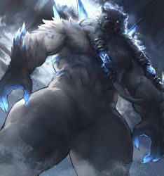Rule 34 | 1boy, abs, animal ears, bara, bear boy, bear ears, beard, bulge, dark, dopey (dopq), facial hair, fingernails, furry, furry male, glowing, glowing eyes, highres, large pectorals, league of legends, long hair, looking at viewer, male focus, muscular, muscular male, mustache, paid reward available, pectorals, sharp fingernails, solo, spikes, thick thighs, thighs, volibear, white fur