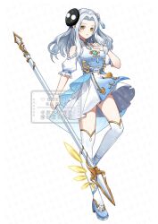Rule 34 | 1girl, artist name, bare shoulders, black mask, blue footwear, chinese text, clothing cutout, colored eyelashes, dress, full body, genshin impact, hair intakes, hand on own chest, hello kiki, high collar, highres, holding, holding polearm, holding weapon, leg up, long hair, mask, mask on head, original, parted lips, pointy ears, polearm, short dress, short sleeves, shoulder cutout, solo, standing, standing on one leg, tassel, thighhighs, watermark, weapon, white background, white dress, white hair, white thighhighs, yellow eyes