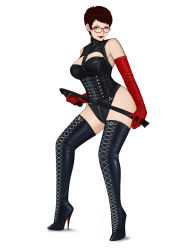 Rule 34 | 1girl, bdsm, boots, breasts, brown hair, dominatrix, elbow gloves, female focus, glasses, gloves, harness, high heels, highres, komii, lipstick, looking at viewer, makeup, red eyes, red lips, riding crop, short hair, smile, solo, standing, thigh boots, thighhighs