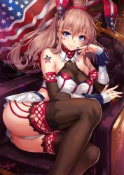 Rule 34 | 1girl, animal ears, bare shoulders, blue eyes, blue nails, blush, bow, bowtie, breasts, brown hair, brown thighhighs, chair, cleavage, closed mouth, commentary, crop top, detached collar, detached sleeves, fake animal ears, flag, garter straps, glint, gold, gold trim, hair between eyes, hair ornament, hairband, highres, kantai collection, large breasts, leotard, long hair, looking at viewer, miniskirt, nail polish, panties, playboy bunny, pleated skirt, ponytail, rabbit ears, red nails, sakiyamama, saratoga (kancolle), scarf, shoulder tattoo, side ponytail, sidelocks, signature, skirt, smile, smokestack, solo, star (symbol), star print, tail, tattoo, thighhighs, underwear, white panties, white skirt, wrist cuffs
