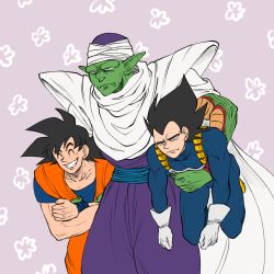 Rule 34 | 3boys, annoyed, armor, cape, carrying, closed eyes, colored skin, commentary, dragon ball, dragonball z, english commentary, frown, gloves, green skin, grin, half-closed eyes, jorongbak, male focus, multiple boys, muscular, muscular male, piccolo, pointy ears, shoulder pads, smile, son goku, vegeta, white cape, white gloves