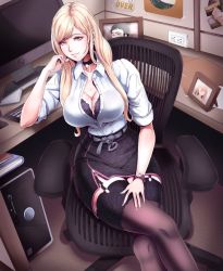 Rule 34 | 1girl, blonde hair, breasts, computer, crossed legs, kitagawa marin, large breasts, looking at viewer, office, office lady, sono bisque doll wa koi wo suru, spiritdraws x, thighhighs