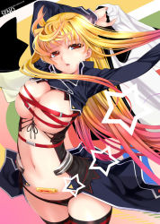 Rule 34 | 00s, 1girl, arm up, belt bra, blonde hair, breasts, earrings, fate testarossa, jewelry, large breasts, long hair, lyrical nanoha, mahou shoujo lyrical nanoha, mahou shoujo lyrical nanoha strikers, mikazuki akira!, multicolored hair, no bra, open mouth, red eyes, solo, star (symbol), striped clothes, striped thighhighs, thighhighs, very long hair