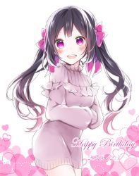 Rule 34 | 1girl, :d, black hair, blush, commentary request, contrapposto, cowboy shot, crossed arms, dated, dress, frills, hair ribbon, happy birthday, head tilt, heart, highres, long hair, looking at viewer, nanase eka, open mouth, original, pink ribbon, pink sweater, purple eyes, ribbon, sidelocks, smile, solo, standing, sweater, sweater dress, teeth, twintails, upper teeth only, white background