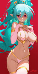 Rule 34 | 1girl, absurdres, aqua hair, artist name, bare shoulders, breast curtains, breasts, bridal gauntlets, cleavage, commentary, fingernails, gold trim, gradient background, hair ornament, hands on own chest, hands up, high ponytail, highleg, highleg panties, highres, large breasts, lips, long hair, looking at viewer, mole, mole on breast, mole on thigh, mole under eye, nail polish, navel, original, panties, parted lips, pointy ears, ponytail, red background, red eyes, revenantart, signature, simple background, smile, solo, stomach, thighhighs, underwear, zadi (revenantart)