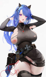 Rule 34 | 1girl, ammunition, belt, black dress, blue hair, breasts, curvy, dress, echocalypse, female pubic hair, fenriru (echocalypse), highres, jewelry, large breasts, long hair, long sleeves, looking at viewer, necklace, nipples, omone hokoma agm, pubic hair, purple eyes, solo, thick thighs, thighhighs, thighs, torn clothes, torn dress, white background, wide hips
