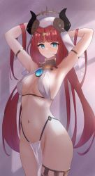 Rule 34 | 1girl, armlet, arms behind head, arms up, bare shoulders, blue eyes, blurry, blurry background, breasts, brooch, circlet, col (xjxu5835), genshin impact, highleg, highres, horns, jewelry, long hair, looking at viewer, medium breasts, navel, neck ring, nilou (genshin impact), parted bangs, pelvic curtain, pink background, red hair, solo, stomach, thighlet, thighs, twintails, veil