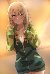 Rule 34 | 1girl, blonde hair, blush, breasts, cleavage, closed mouth, collarbone, cowboy shot, dars (recolors), drill hair, dutch angle, gradient hair, green eyes, green jacket, hair between eyes, jacket, legs together, long hair, long sleeves, looking at viewer, medium breasts, miura yumiko, multicolored hair, naked jacket, partially unzipped, sleeves past wrists, solo, standing, thigh gap, very long hair, wavy mouth, yahari ore no seishun lovecome wa machigatteiru., yellow background