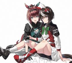 Rule 34 | 2girls, animal ears, artist name, asama (drift in), asymmetrical footwear, belt, black coat, black gloves, black hair, black skirt, boots, bow, bowtie, bright pupils, brown hair, closed mouth, coat, ear covers, gloves, green bow, green bowtie, green eyes, hairband, highres, horse ears, horse girl, horse tail, long sleeves, looking at viewer, loves only you (racehorse), marche lorraine (racehorse), medium hair, mismatched footwear, multicolored hair, multiple girls, open mouth, original, personification, ponytail, purple eyes, shoes, simple background, single boot, sitting, skirt, smile, socks, streaked hair, tail, umamusume, watermark, white background, white coat, white pupils, white socks