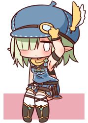 Rule 34 | 1girl, aoi (mechanic) (princess connect!), aoi (princess connect!), arm up, armpits, bare shoulders, black footwear, black tank top, blank eyes, blue hat, blush, boots, cabbie hat, chibi, closed mouth, feathers, full body, gloves, green hair, hair over one eye, hana kazari, hat, hat feather, highres, looking at viewer, overall skirt, pink background, pointy ears, princess connect!, sitting, solo, tank top, thighhighs, thighhighs under boots, two-tone background, white background, white feathers, white thighhighs, yellow feathers, yellow gloves