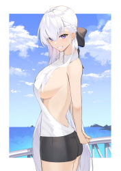 Rule 34 | arms behind back, azur lane, backless shirt, bare back, bare shoulders, belfast (azur lane), black bow, black shorts, blue sky, border, bow, braid, breasts, character request, cloud, collared shirt, cowboy shot, day, from side, grin, hair between eyes, hair bow, large breasts, long hair, looking at viewer, looking to the side, lordol, outdoors, outside border, own hands together, purple eyes, shirt, short shorts, shorts, sideboob, sky, sleeveless, sleeveless shirt, smile, standing, very long hair, water, white border, white hair, white shirt