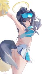 Rule 34 | 1girl, animal ears, armpits, arms up, ass, bare shoulders, black hair, blue archive, blue eyes, breasts, cheerleader, crop top, eyewear on head, goggles, goggles on head, hibiki (blue archive), hibiki (cheer squad) (blue archive), highres, holding, long hair, looking at viewer, medium breasts, midriff, millennium cheerleader outfit (blue archive), miniskirt, pom pom (cheerleading), simple background, skirt, sleeveless, solo, sticker on face, sunglasses, tail, thighs, white background, yuan (ziranran)