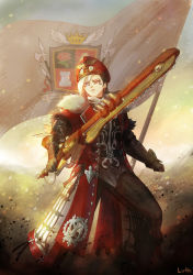 Rule 34 | 1girl, banner, belt, black belt, black gloves, black pants, boots, chainsword, closed mouth, coat, commissar, crossover, earrings, final fantasy, final fantasy xiv, flag, fold-over boots, gloves, hat, highres, holding, holding sword, holding weapon, imperium of man, jewelry, lutherniel, outdoors, pants, peaked cap, red coat, red hat, roegadyn, signature, solo, standing, sword, warhammer 40k, warrior of light (ff14), weapon, white hair