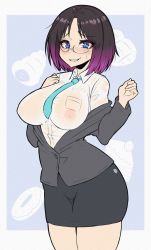 Rule 34 | 1girl, biting own lip, black hair, black skirt, blouse, blue eyes, blue necktie, blush, breasts, collared shirt, elma (maidragon), glasses, gradient hair, grin, highres, kobayashi-san chi no maidragon, large breasts, long sleeves, looking at viewer, multicolored hair, necktie, nervous smile, nipples, no bra, parted bangs, parted lips, pencil skirt, purple hair, see-through, see-through shirt, shirt, short hair, skirt, smile, solo, sweatdrop, teeth, unbuttoned, wet, wet clothes, white shirt, young savage