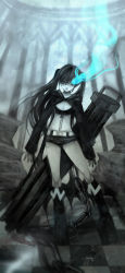 Rule 34 | 10s, 1girl, arm cannon, belt, bikini, bikini top only, black hair, black rock shooter, black rock shooter (character), blue eyes, boots, cape, chain, female focus, flat chest, glowing, glowing eyes, gun, highres, huge weapon, long hair, meisan, midriff, monochrome, navel, shorts, solo, spot color, swimsuit, twintails, vocaloid, weapon