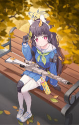 Rule 34 | 1girl, absurdres, animal ears, bench, black gloves, black hair, blouse, blue archive, blue shirt, bolt action, closed mouth, fake animal ears, full body, gloves, green neckerchief, gun, headband, highres, leaf, leaf on head, long hair, long sleeves, looking at viewer, miyu (blue archive), mosin-nagant, neckerchief, outdoors, pantyhose, pink eyes, prock, rabbit ears, rifle, sailor collar, school uniform, shirt, shoes, sitting, sneakers, solo, tree, weapon, white footwear, white pantyhose