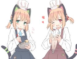 Rule 34 | 2girls, animal ear headphones, animal ears, apron, black apron, blonde hair, blue archive, blue necktie, blush, brown apron, cat tail, chef hat, collared shirt, fake animal ears, green eyes, hat, headphones, heart, kamotsu yasai, long sleeves, midori (blue archive), mixing bowl, momoi (blue archive), multiple girls, necktie, one eye closed, open mouth, parted lips, red eyes, shirt, short hair, siblings, simple background, sisters, smile, tail, twins, whisk, white background, white headwear, white shirt