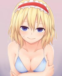 Rule 34 | 1girl, alice margatroid, bare arms, bare shoulders, bikini, blonde hair, blue bikini, blue eyes, blush, breast hold, breasts, cleavage, closed mouth, collarbone, commentary request, front-tie top, gradient background, hair between eyes, hairband, hand on own arm, looking at viewer, medium breasts, miyo (ranthath), pink background, purple background, red hairband, short hair, solo, sweat, swimsuit, touhou, upper body