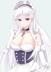 Rule 34 | 1girl, azur lane, belfast (azur lane), blue eyes, breasts, cleavage, dress, elbow gloves, gloves, highres, large breasts, long hair, looking at viewer, maid headdress, skirt hold, smile, solo, suzunashi rei, very long hair, white background, white dress, white gloves, white hair