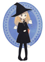 Rule 34 | 1girl, ayu (mog), black dress, black hat, black necktie, black pantyhose, blonde hair, book, bright pupils, brown eyes, closed mouth, collared shirt, dress, full body, ghost, hat, holding, holding book, looking at viewer, necktie, original, pantyhose, pigeon-toed, shirt, smile, solo, white pupils, white shirt, wing collar, witch, witch hat