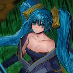 Rule 34 | 1girl, bare shoulders, blue dress, breasts, cleavage, closed mouth, collarbone, detached sleeves, dress, grass, green eyes, green hair, hair ornament, large breasts, league of legends, long hair, looking at viewer, sangchyuya, solo, sona (league of legends), strapless, strapless dress, twintails, very long hair
