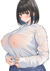 Rule 34 | 1girl, absurdres, black hair, blue skirt, blunt bangs, blush, bob cut, breasts, brown eyes, closed mouth, collared shirt, colored inner hair, covered erect nipples, highres, huge breasts, long sleeves, looking at viewer, medium hair, multicolored hair, neneneji, nipples, no bra, original, see-through, shirt, simple background, skirt, solo, tsurime, two-tone hair, upper body, white background, white shirt