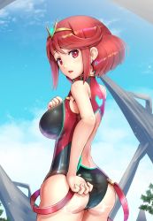 Rule 34 | 1girl, adjusting clothes, adjusting swimsuit, ass, bare shoulders, breasts, competition swimsuit, day, earrings, gem, gonzarez, hair ornament, highres, jewelry, large breasts, looking at viewer, looking back, matching hair/eyes, nintendo, one-piece swimsuit, open mouth, pyra (pro swimmer) (xenoblade), pyra (xenoblade), red eyes, red hair, short hair, sky, solo, sparkle, suspenders, swimsuit, tiara, tree, water, wet, wet clothes, wet swimsuit, xenoblade chronicles (series), xenoblade chronicles 2