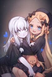 Rule 34 | 2girls, abigail williams (fate), bags under eyes, black bow, black dress, blonde hair, blue eyes, bow, breasts, bug, butterfly, dress, fate/grand order, fate (series), forehead, hair bow, highres, horns, insect, lavinia whateley (fate), long hair, long sleeves, looking at viewer, miya (miyaruta), multiple girls, multiple hair bows, open mouth, orange bow, pale skin, parted bangs, purple eyes, ribbed dress, sidelocks, single horn, small breasts, smile, stuffed animal, stuffed toy, teddy bear, white hair, wide-eyed